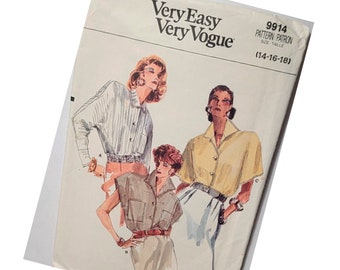 Vintage Vogue Blouse Pattern, Vogue 9914, Size 14-18, Out Of Print Sewing Pattern, Uncut Pattern