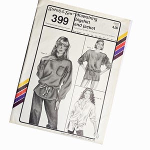 May include: A vintage sewing pattern titled "Stretch & Sew 399" for a drawstring bigshirt and jacket. The cover features illustrations of the garment in different styles, with bust sizes ranging from 30 to 46 inches. The design is from 1990.