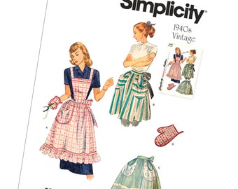 1940's Vintage Reproduction Apron Pattern, Simplicity 9496, Half and Full Aprons, Factory Folded, New UnCut Pattern