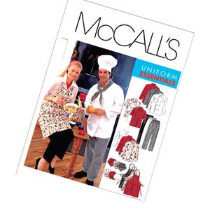 May include: McCall's pattern for uniform essentials. The cover features a woman and a man in chef attire, with examples of the uniform designs. The uniforms include aprons, chef hats, shirts, and pants in various colors and patterns.
