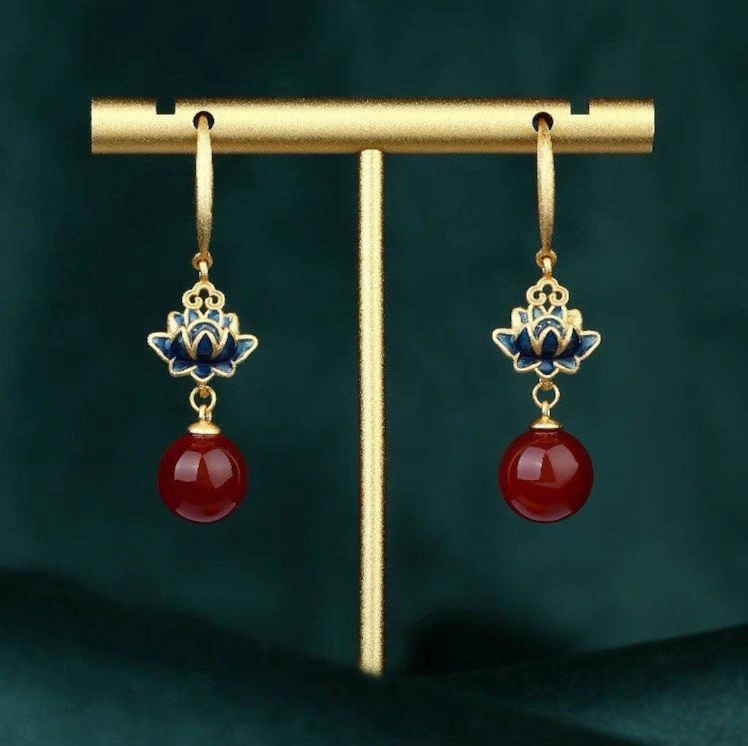 Gold Lotus Drop Earrings: Vintage Chinese Red Bead Dangle - Etsy Japan