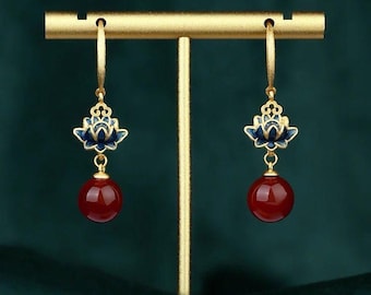 Gold Lotus Drop Earrings: Vintage Chinese Red Bead Dangle