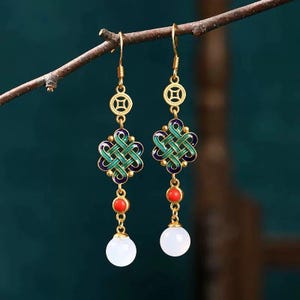 Vintage Chinese Knot Earrings | Handmade Cloisonné Oriental Drop Earrings | Retro Gold Dangle Earrings | Cultural Asian Style Jewelry