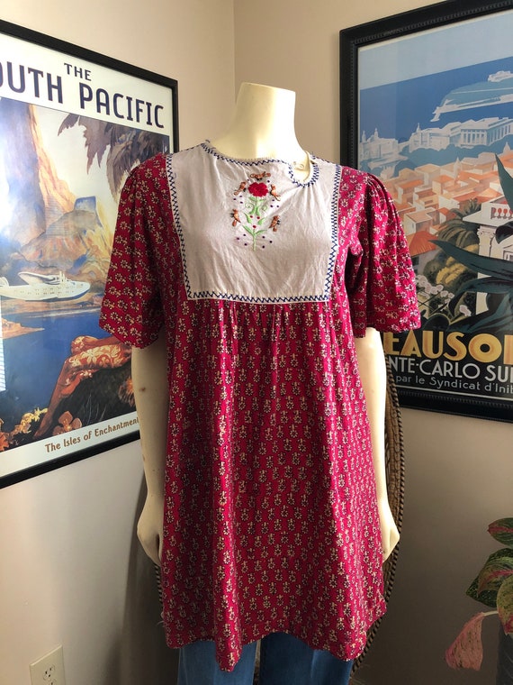 VINTAGE Mini Dress Top Tunic India Cotton Teal Red Hand Plock Print FABINDIA Boho Gypsy Pop 70/' Flowers Circles S size