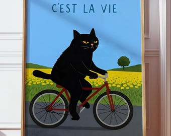 C'est La Vie Digitaler Download, Bombay Cat Wandkunst, lustige schwarze Katze auf Fahrrad bedruckbar, blaue Pop Art Dopamin-Wanddekoration, Fahrrad-Zitat-Kunst