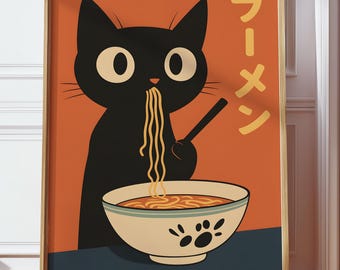 Descarga digital de gato ramen japonés, arte de pared de gato negro kawaii, lámina imprimible para amantes de los fideos, decoración de pared de cocina retro japonesa, póster de gato Bombay
