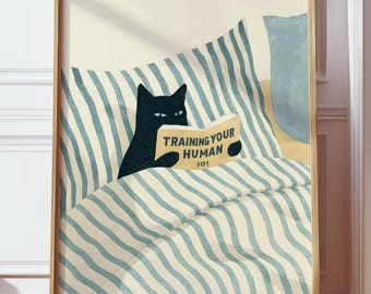 Training Your Human 101 Digital Download, Funny Black Cat Wall Art, Bedroom Cat Printable, Reading Cat Wall Decor, Sleeping Cat Digital Art