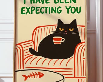 Black Cat Digital Download, Funny Cat Wall Art, Retro Cat Printable, Cozy Cat Lover Wall Decor, Mid Century Cat Digital Print, Cat Poster