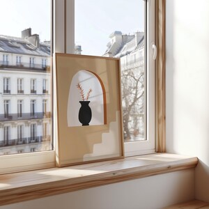 Arte de pared con arco bohemio moderno, póster de jarrón abstracto con ramas, estampado minimalista en beige y terracota, decoración de escalera contemporánea