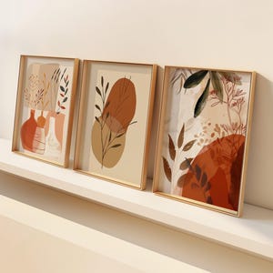 Juego de pósteres botánicos bohemios, impresiones abstractas de plantas en tres piezas, arte de pared minimalista con jarrones, decoración en tonos tierra neutros, arte bohemio moderno