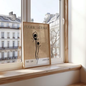 Impression d'art fleurs sauvages, dessin floral minimaliste, décoration murale beige et noir, affiche fleur sauvage, oeuvre d'art botanique
