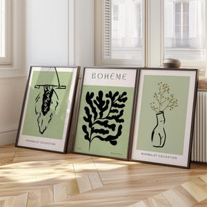 Conjunto de arte de pared minimalista bohemio, impresiones botánicas verdes y negras, jarrones abstractos y carteles de hojas, decoración moderna inspirada en la naturaleza