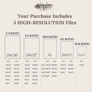 May include: A digital art print size guide with the text "Your Purchase Includes 5 HIGH-RESOLUTION Files." Includes sizes in inches and centimeters, such as 24x36" (60x90 cm) and 20x25" (50x65 cm).