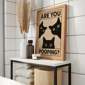 May include: A framed print with the text "ARE YOU POOPING?" and illustrations of black cats. The print is displayed on a white shelf with a black metal frame, alongside a white vase, a brown bottle, and a small jar.