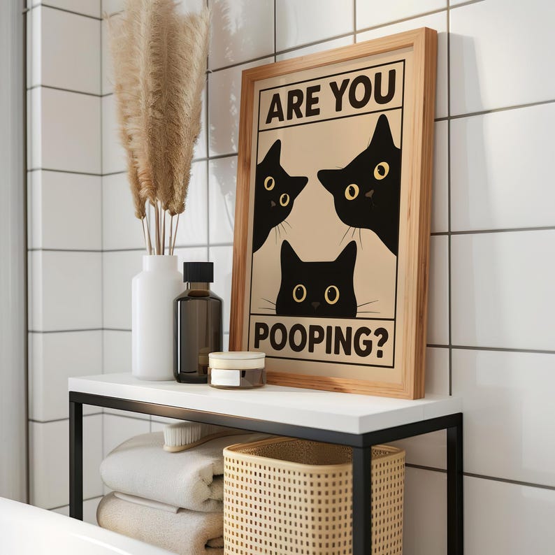 May include: A framed print with the text "ARE YOU POOPING?" and illustrations of black cats. The print is displayed on a white shelf with a black metal frame, alongside a white vase, a brown bottle, and a small jar.
