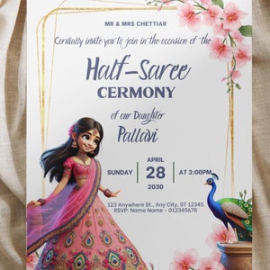 Könnte beinhalten: Eine Einladung zu einer Halb-Saree-Zeremonie für Pallavi am Sonntag, den 28. April 2030 um 15:00 Uhr. Die Einladung zeigt eine Cartoon-Illustration eines jungen Mädchens in einem rosa und goldenen Sari, einem Pfau und rosa Blumen.
