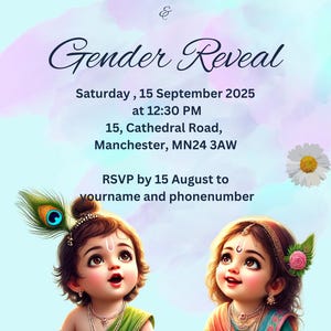Babyshower, Gender Reveal, gratis welkomstbord, Radha Krishna, tweeling, wiegceremonie, verjaardag, naamgevingsceremonie, Seemanham