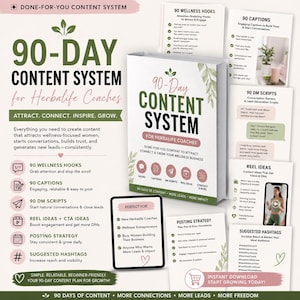 May include: A promotional image for a 90-day content system for Herbalife coaches. The design features a book with the title, supporting graphics, and text. The color scheme is primarily white, pink, and green. The image includes a list of features and benefits.