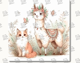 Best Friend Forever, Cute Happy Llama and Cat