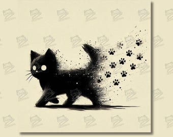 Cute Black Cat Proud Walking | Funny Wall Art, Creative Digital Art, Brushstroks, Cute Cat Portrait, Black and White, Unique Gift