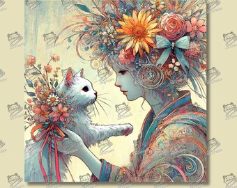 Cat, Flowers, And Girl In Traditional Japanese Costume