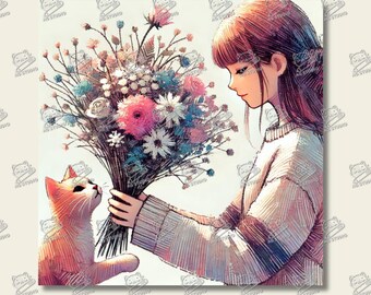 Girl, Cat, And Flowers