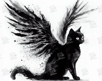 Black Cat Portrait With Wings | Funny Wall Art, Creative Digital Art, Watercolor, Cat Portrait, Black and White, Unique Gift