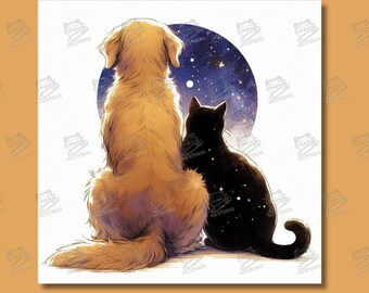 Cat Leans Gently On Dog, A Love Story Under Starry Night. | Wall Art, Watercolor, Prints, Cat and Dog Portrait, Wedding Gift