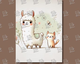 Best Friend Forever, Cute Happy Llama and Cat
