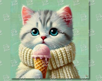 Cat Eating Ice Cream | Funny Wall Art, Creative Oil Painting, Brushstroks, Cute Cat Portrait, Green Tones, Gift