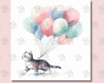 Colorful Cute Cat Portrait with Balloons. | Funny Wall Art, Creative Digital Art, Brushstroks, Cute Cat Portrait, Colorful, Unique Gift