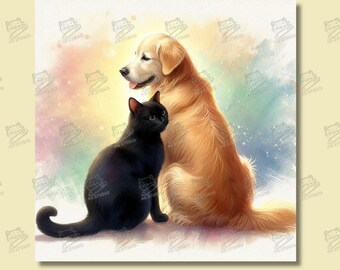 Cat, Dog, And A Cute Story About Us. | Wall Art, Watercolor, Prints, Cat and Dog Portrait, Unique Gift, Birthday Gift