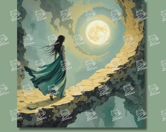 Girl Walking On A Swirl Bridge Under Moonlight