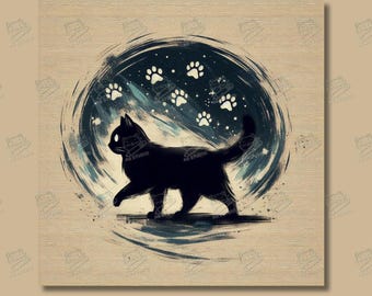 Cute Black Cat Proud Walking | Funny Wall Art, Creative Digital Art, Brushstroks, Cute Cat Portrait, Black and White, Unique Gift