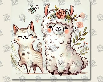 Best Friend Forever, Cute Happy Llama and Cat