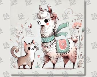 Best Friend Forever, Cute Happy Llama and Cat