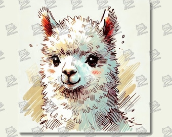 Cute Llama Closeup Portrait | Funny Wall Art, Creative Digital Art, Cute Llama Portrait, Oil Painting, Brushstroks, Gift