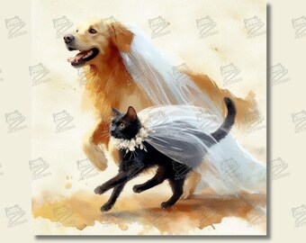 Cat, Dog, and Wedding. A Love Story With Happy Ending. | Wall Art, Watercolor, Prints, Cat and Dog Portrait, Wedding Gift