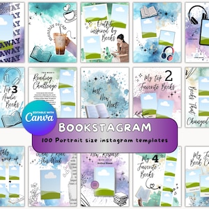 May include: A set of 100 portrait Instagram templates, each designed for book-related content. The templates include spaces for images and text, with themes such as reading challenges, book reviews, and giveaways. The templates are editable with Canva.