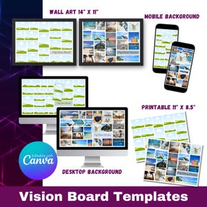 Plantilla de tablero de visión, tablero de manifestación digital, tablero de sueños personalizable, ideas de tablero de visión, tablero de estado de ánimo de establecimiento de objetivos de Año Nuevo Canva