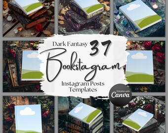 ダークファンタジーブックスタグラムモックアップ投稿、Canvaテンプレート、Instagram書評テンプレート、読書好き向けソーシャルメディア著者マーケティング