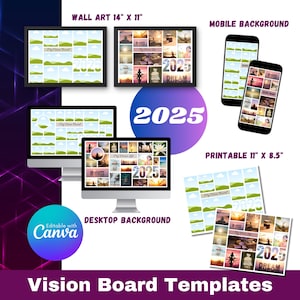 Tablero de manifestación 2025, tablero de visión digital, tablero de sueños personalizable, ideas para tablero de visión, plantilla Canva para tablero de estado de ánimo y establecimiento de objetivos para Año Nuevo