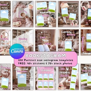 May include: A collection of Instagram templates with a book theme. The templates include various designs with text such as "Book Review", "Outfit Inspired By Books", and "My Favorite Books". The templates are editable with Canva.