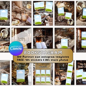 Puede incluir: Un conjunto de plantillas de Instagram con temática de lectura, con imágenes de libros, café, auriculares y superposiciones de texto como "Book Review" y "Audio Book". El texto "BOOKSTAGRAM" se muestra de forma destacada.