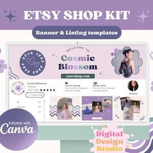 Etsy Shop Kit Purple Flowers, Etsy Banner Templates Canva, Etsy Store Listing Design, Etsy Branding Mockup Bundle, Editable Canva Templates