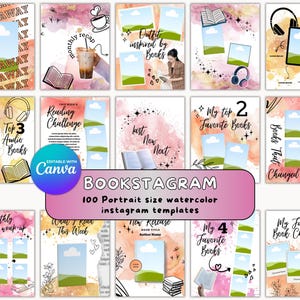 Op de afbeelding: Een verzameling van 100 aquarel Instagram-sjablonen in portretformaat voor boekenliefhebbers. De sjablonen bevatten verschillende ontwerpen met ruimte voor afbeeldingen en tekst, waaronder thema's als leesuitdagingen en favoriete boeken. Bewerkbaar met Canva.