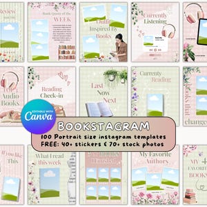 May include: A collection of pink and green Instagram templates with floral and book-themed designs. The templates include text such as "Book Review," "Currently Listening," and "My Favorite Books." The templates are editable with Canva.