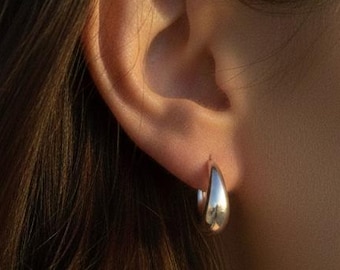 Silver Teardrop Huggie Hoop Earrings | Chunky Dome Waterproof | Minimalist Gift for Her