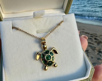 Gold Sun Turtle Choker Necklace | Emerald Green Stainless Steel | Ocean Gift