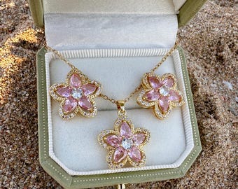 Gold Flower Jewelry Set | CZ Floral Necklace and Earrings | Bridesmaid Gift